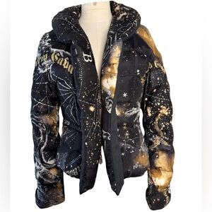 Roberto Cavalli Vintage Silk Zodiac Utility Puffer Jacket Coat Size Large